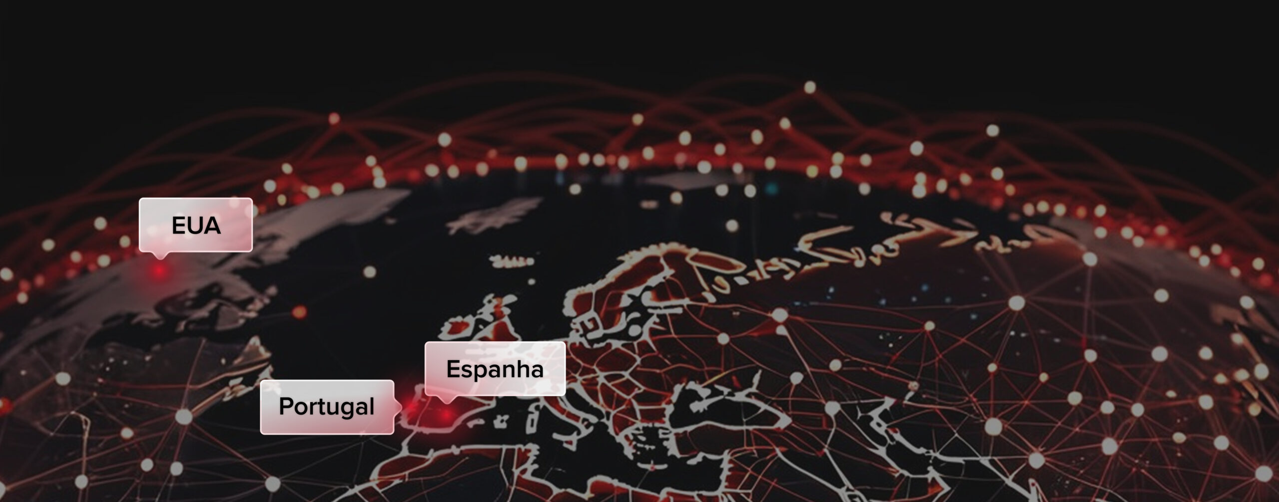 Presencia Global Mapit Mapa digital del mundo con conexiones en rojo, destacando España, Portugal y EE. UU., representando la presencia global de Mapit.
