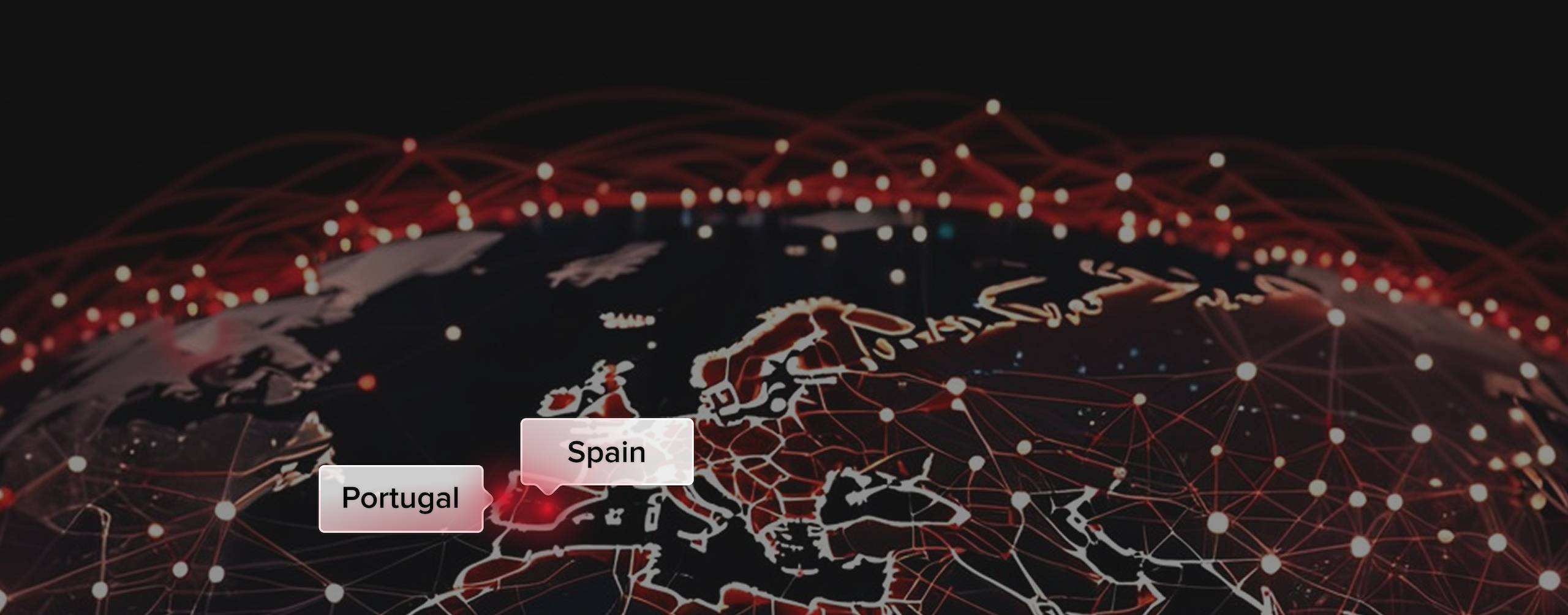 mapa_sobre_nosotros_responsive_eng Mapa digital del mundo con conexiones en rojo, destacando España, Portugal y EE. UU., representando la presencia global de Mapit.